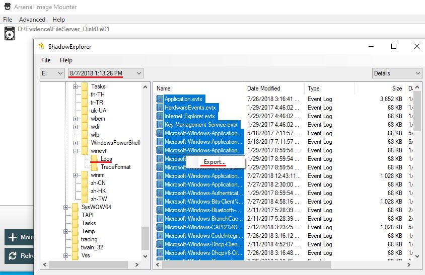 Extract evtx files from vss snapshot