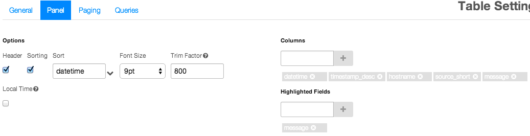 Kibana Table Settings